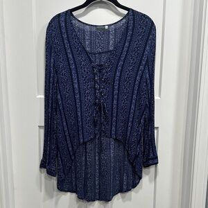 Earthbound Trading Co Navy Lace-Up Boho Top Size Medium